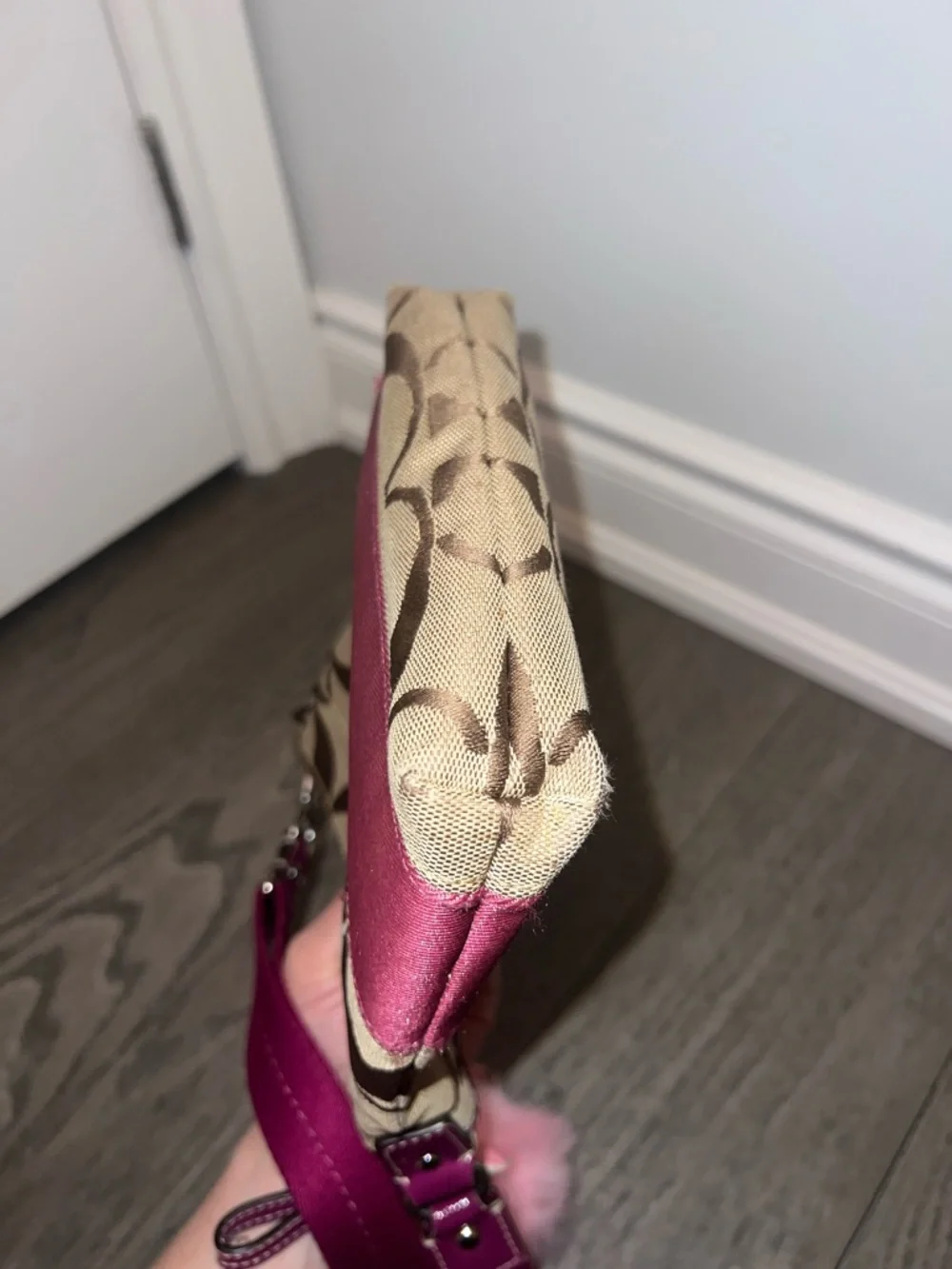 Coach Brown Signature Crossbody with Pink Trim and Pom Charm - Picture 10 of 11